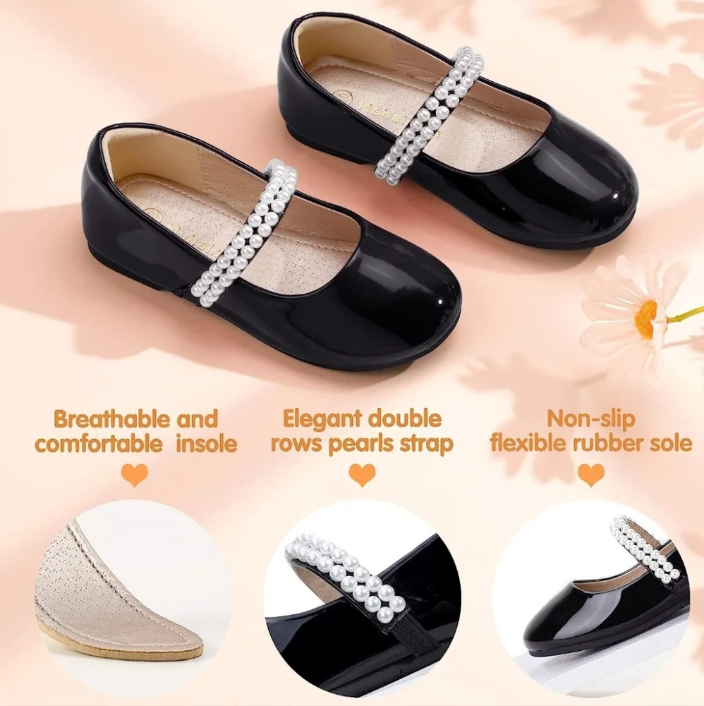 Hehainom Mary Jane Princess Ballet Flats Double Row Pearl Shoes w Free Headband - Picture 6 of 8